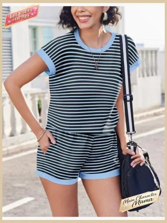 Two Piece Lounge Set Short Sleeve Top Shorts Casual Comfy Y2K Style - Picture 3 of 7